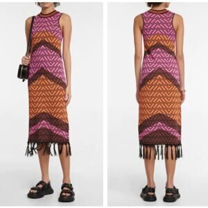 DODO BAR OR Nia Fringed Jacquard Knit Midi Dress Orange Pink Sz 46 / L {3W38}